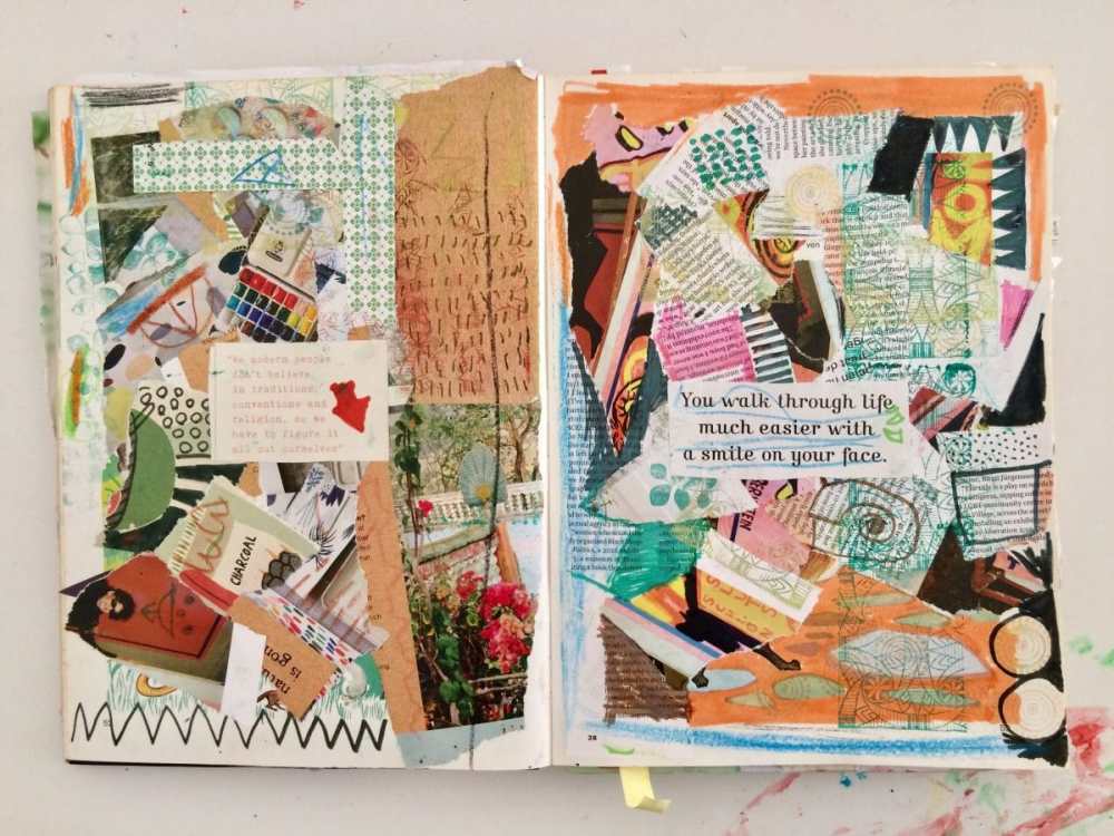 Creative journal example with scrap paper, cut outs, layering and drawings